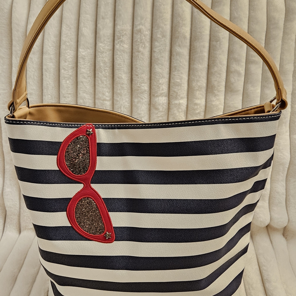 Navy Blue & White Shoulder Bag Nautical Stripes & Red Sunglasses Embellishment